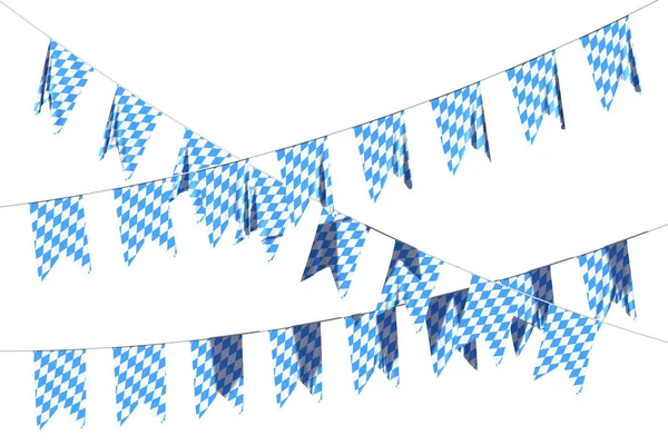 巴伐利亚政党旗帜花环蓝旗蓝白格子图案 传统巴伐利亚Oktoberfest节日装饰孤立于白色背景 3D插图 — 图库照片
