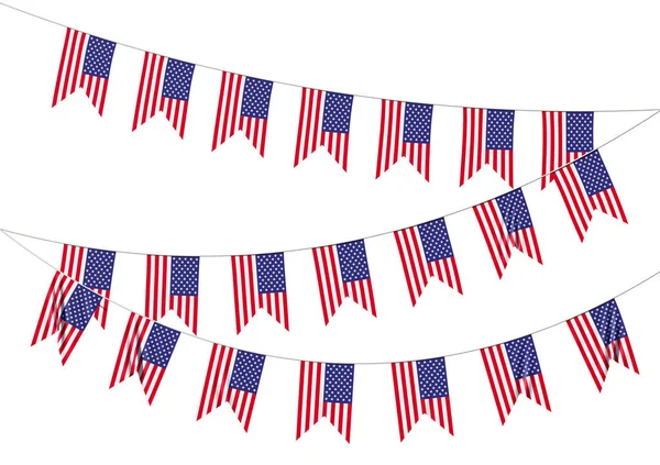 アメリカの国旗の文字列の装飾的なバンティング 明るいアメリカ愛国的なフラグのガーランド白に孤立ぶら下がっている 7月4日独立記念日の装飾3Dイラスト — ストック写真