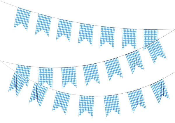 Oktoberfest党的旗帜装饰着带有蓝白格子图案的巴伐利亚格子蓝色旗帜 传统的Oktoberfest节装饰用白色背景隔开 3D插图 — 图库照片