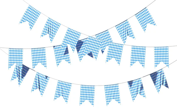 Oktoberfest党的旗帜花环巴伐利亚格式化蓝旗蓝白格子图案 Oktoberfest传统节庆装饰孤立在白色背景 3D插图 — 图库照片