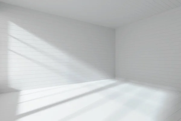 摘要建筑中的白色房间 空房间 墙壁上有平面的白色木板 地板和天花板 窗户上有灯光 建筑背景为抽象的3D图解 — 图库照片