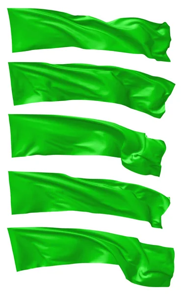 Hosszú Zöld Zászló Repül Integet Szél Elszigetelt Fehér Gyűjtemény Illusztráció — Stock Fotó