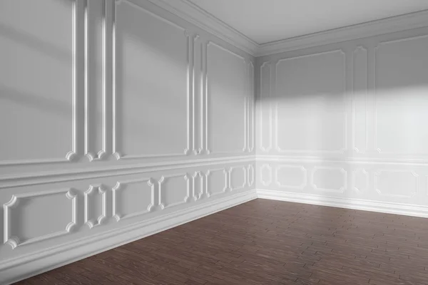 Beyaz Boş Oda Penceresinden Güneş Işığı Dekoratif Klasik Şekil Kalıplar — Stok fotoğraf