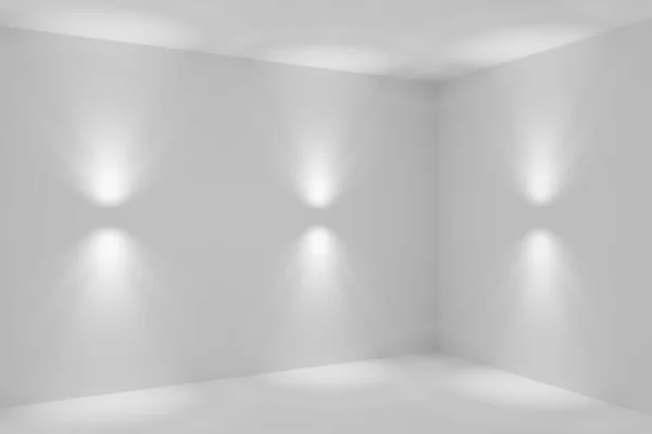 Abstrakcyjny Pusty Biały Pokój Rogu Kinkietami Reflektorów Ścianami Podłogą Sufitem — Zdjęcie stockowe