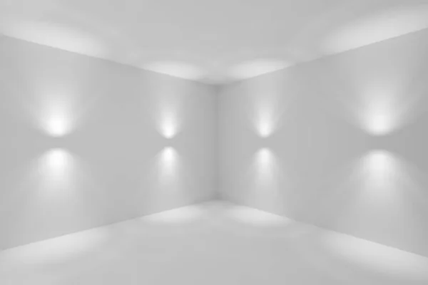 带壁灯的空的白色房间角落 地板和天花板上没有任何纹理 没有色彩的3D插图 — 图库照片