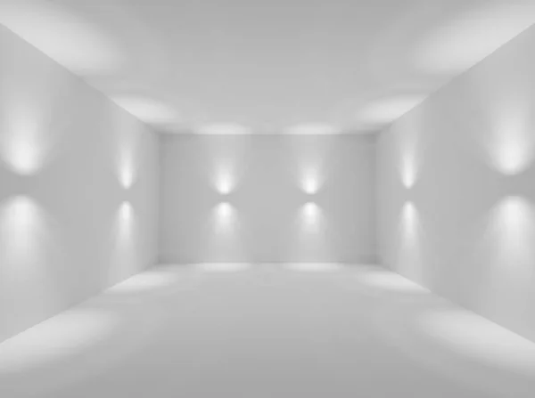 Abstrakcyjny Pusty Biały Pokój Reflektorami Ściennymi Ścianami Podłogą Sufitem Bez — Zdjęcie stockowe