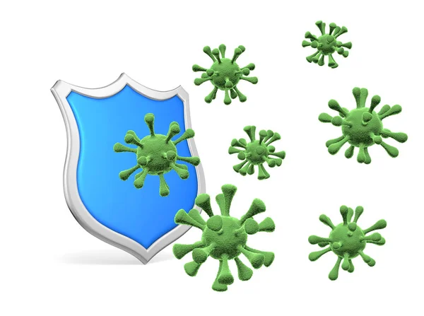 Sköldskydd Bildar Virus Och Bakterieceller Isolerad Vit Bakgrund Illustration Coronavirus — Stockfoto