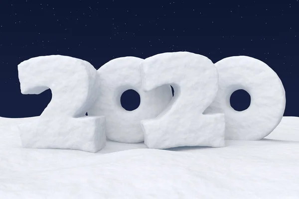 明るい星 冬の雪の3Dイラストの風景と冷たい北澄んだ夜空の下で雪原上の雪の数で書かれたハッピーニューイヤー2020サインテキスト — ストック写真