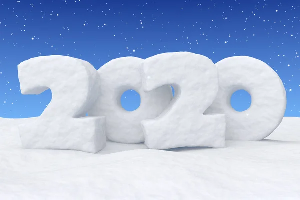 雪が積もる青空の下 雪面に雪が積もり 冬の雪景色 3Dイラストで書かれた2020 Happy New Yearのサインテキスト — ストック写真