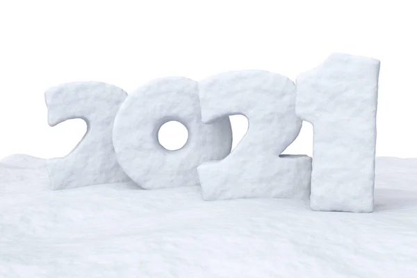 2021年新年快乐签名文字 用雪地上的雪数写成 冬天雪地上的雪地符号3D表示孤立 — 图库照片