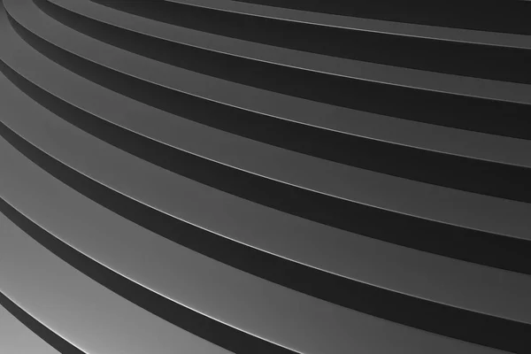 上の階段の黒い丸みを帯びた階段の上からの影ソフトライトクローズアップ斜めのビュー3Dイラスト抽象的な黒の背景 — ストック写真