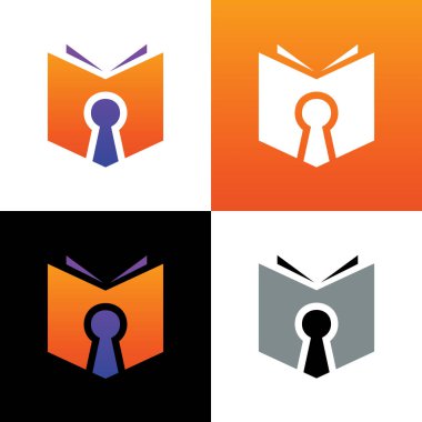 Kitap ve anahtar deliği logo şablonu, gizli kitap simgesi tasarımı, günlük defteri ve kilit sembolü - Vektör