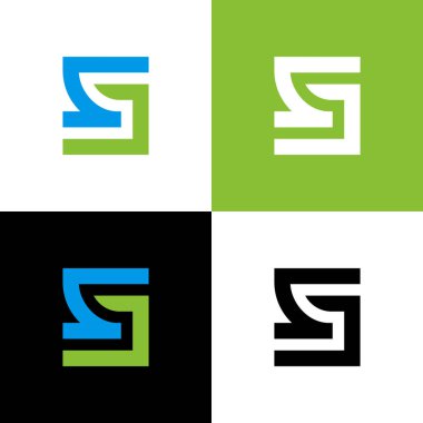 SJ JS harf logosu mavi ve yeşil renkli, yaratıcı monogram illüstrasyonu, kare şekilli tipografi - Vektör