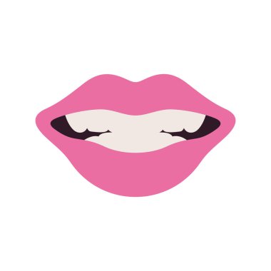 Gülümseyen ağız çizimi, beyaz arka planda izole edilmiş pembe dudaklar.