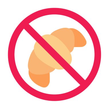 Kruvasan işareti yok, fırın yiyeceği yasak işareti, kruvasan yasak sembol, yüksek kalorili sağlıksız abur cubur uyarısı, glüten ve süt ürünleri alerjisi uyarı ikonu, düz vektör çizimi