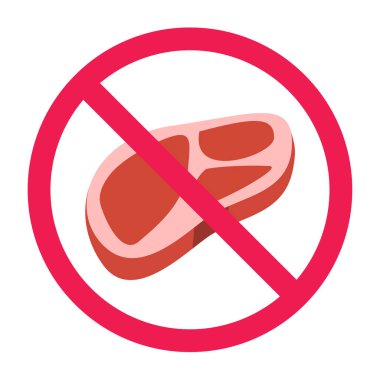 Et işareti yok, et işareti yok, et sembolü yemeyin, diyet kısıtlaması uyarısı, düz vektör illüstrasyonu