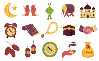 İslam simgeleri seti, Müslüman vektör simgeleri, ibadet, cami, ketupat, fener, zekat, ramazan sembolleri, düz tasarım illüstrasyonları