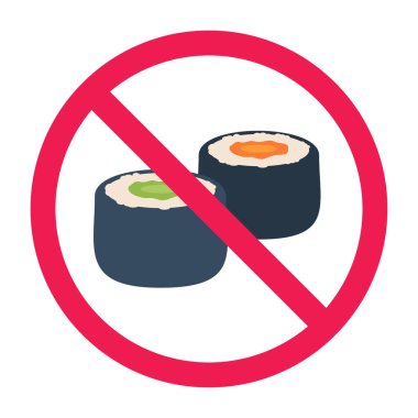 Suşi sembollü yasak tabela, suşi işareti yok, maki suşi yasak sembol, sarılmış suşi kısıtlama ikonu, düz vektör çizimi