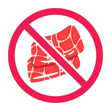 Et işareti yok, kırmızı et simgesi olan yasak tabela, niku 'nun yasakladığı sembol, et sembolü yemeyin, düz vektör çizimi