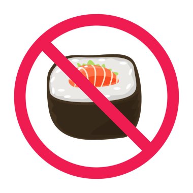Suşi işareti yok, suşi yuvarlama ikonlu yasak tabela, suşi sembolü yemeyin, düz vektör çizimi