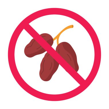 Tarih işareti yok, yasak tarih işareti, meyve yasaklı sembolü tarihler, tarih simgesi yeme, kırmızı çarpı daire çizimi, düz vektör tasarımı