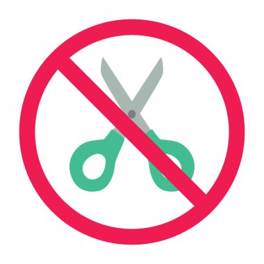 Makas işareti yok, makas işareti yok, sembol kesme yok, makas yasaklanmış simge, kesme işareti yok, keskin nesne kısıtlama vektörü, kırmızı çapraz çember çizimi