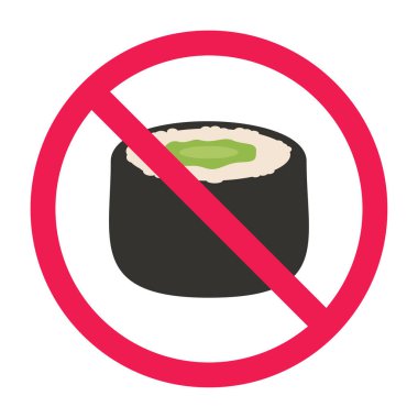 Wasabi suşi yuvarlama ikonlu yasak tabela, wasabi yuvarlama işareti yok, wasabi suşi yasak sembol, düz vektör çizimi