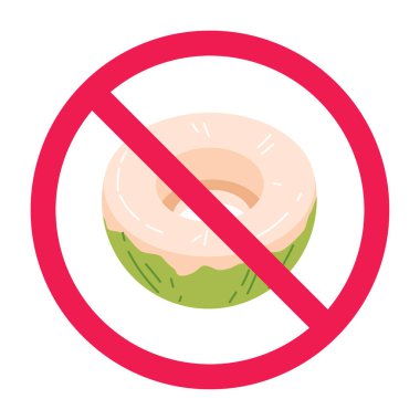 Hindistan cevizi işareti yok, hindistan cevizi yasak işareti, hindistan cevizi suyu içmeyin, hindistan cevizi meyvesi yemeyin, düz vektör çizimi