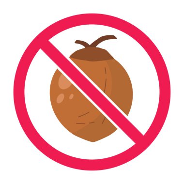 Kahverengi eski hindistan cevizi simgesi olan yasak tabela, olgun hindistan cevizi işareti yok, kırmızı çarpı daire sembolü, düz vektör çizimi