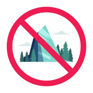 Dağ ikonlu yasak tabela, yürüyüş yasak, tehlikeli açık hava tırmanış alanı yasak sembol, kırmızı çapraz daire simgesi, düz vektör çizimi