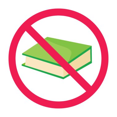 Kitap işareti yok, yasaklanmış kitap işareti, okunması yasak sembol, okumaya gerek yok, kırmızı çapraz daire simgesi, düz vektör illüstrasyonu