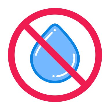Su işareti yok, su damlası ikonlu yasak tabela, su yasaklı sembol, kırmızı çapraz daire simgesi, düz vektör çizimi