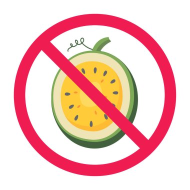 Karpuz işareti yok, sarı karpuz meyve ikonlu yasak işaret, karpuz yasak işaret, kırmızı çarpı daire sembolü, düz vektör çizimi