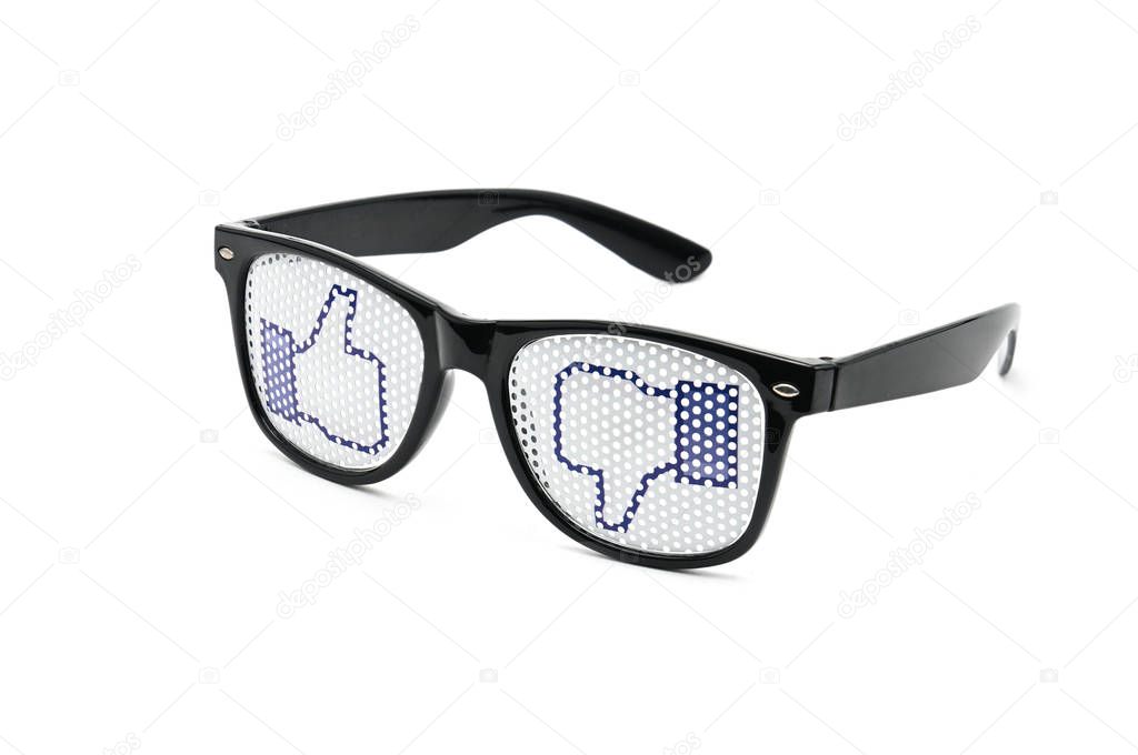 Eyeglasses with a liking and dislike on white isolated background