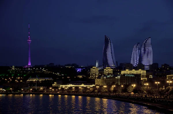 Strandboulevarden Kaspiska Kusten Baku Natt — Stockfoto