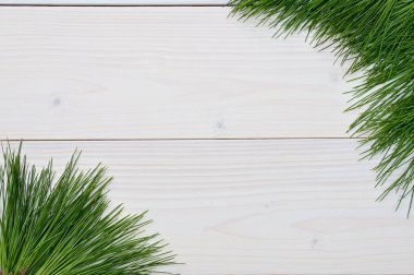 Noel ve yılbaşı ağaç dalları Beyaz ahşap zemin üzerinde. Mockup ve düz Lay.
