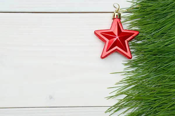 Christmas New Year Trees Branch Red Star White Wooden Background — Stock Photo, Image