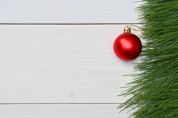 Christmas New Year Trees Branch Red Ball White Wooden Background — Stock Photo, Image