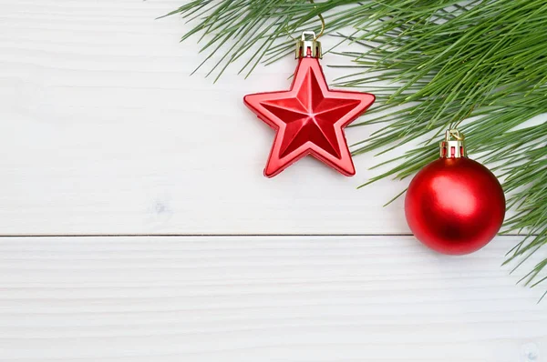 Christmas New Year Trees Branch Red Star Red Ball White — Stock Photo, Image