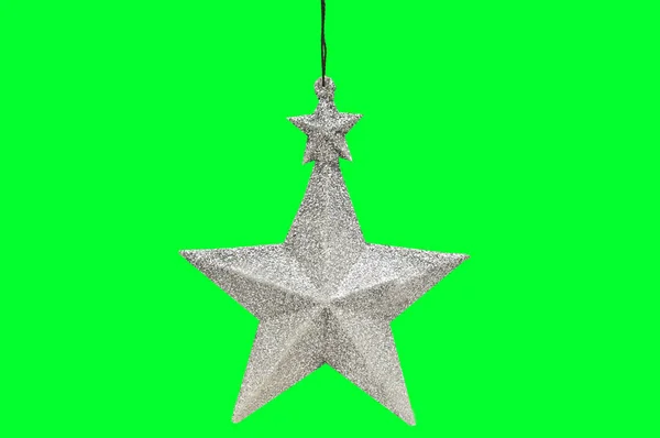 Christmas New Year Silver Five Pointed Star Green Isolated Background — Stock Photo, Image