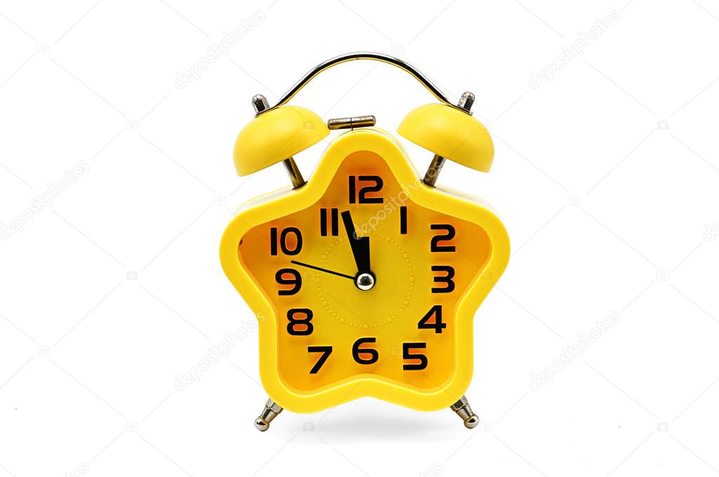 An asterisk Christmas clock shows the remaining time until midnight with a Santa Claus hat and a red asterisk, on an white background.Yellow.12 Twelve o'clock