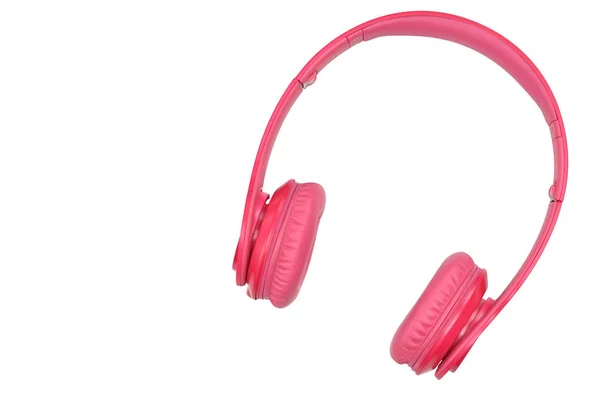粉红色耳机，用于在白色背面聆听声音和音乐 — 图库照片