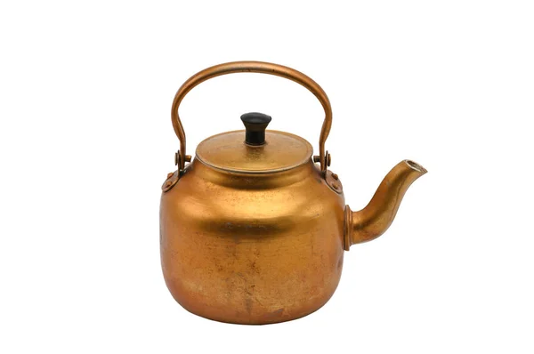 Golden metal kettle on a white background.Teapot. — Stock Photo, Image