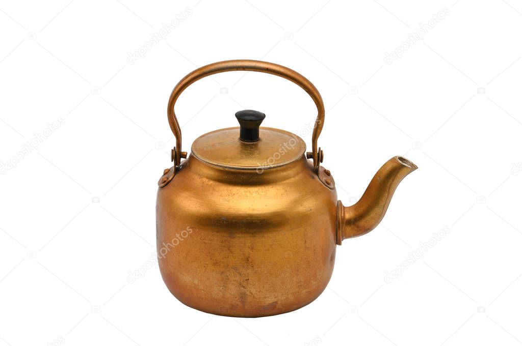 Golden metal kettle on a white background.Teapot.