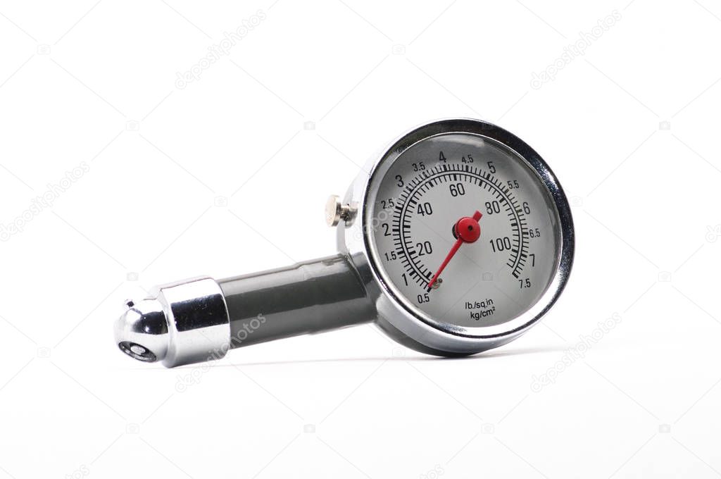 Pressure gauge for measuring air pressure in car tires on a whit