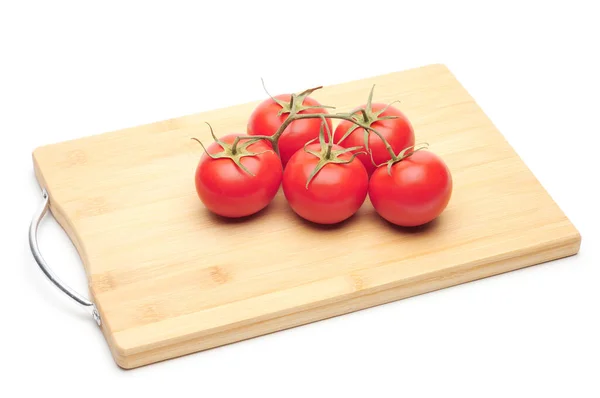 Bunch Tomatoes Wooden Vegetable Cutter White Isolated Background — Stock Photo, Image