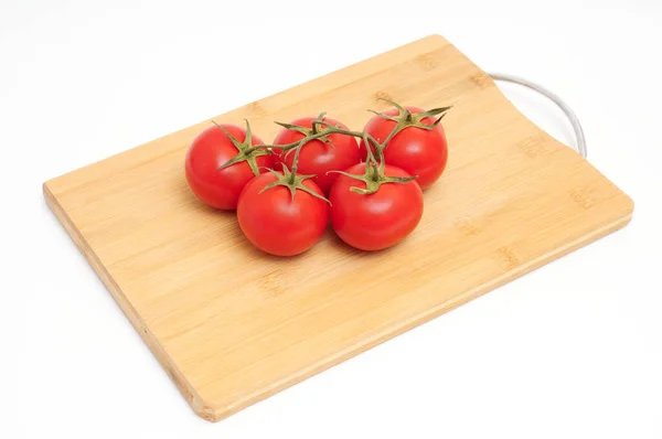 Bunch Tomatoes Wooden Vegetable Cutter White Isolated Background — Stock Photo, Image