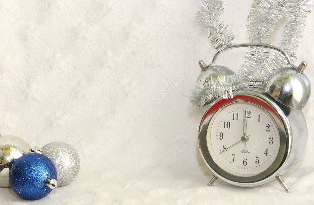 New Year and Christmas background for congratulations, cards, advertising, posters and banners, magazines and newspapers. Silver clock in tinsel and Christmas balls.
