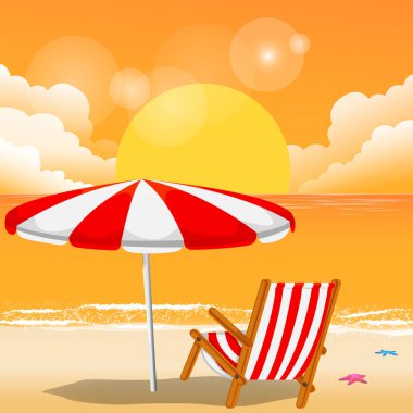 Yaz kırmızı plaj şemsiye sandalye günbatımı arka plan vektör görüntü