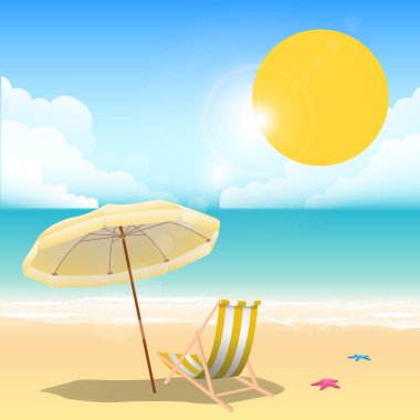 Yaz sarı plaj şemsiye plaj sandalye mavi deniz arka plan vektör görüntü